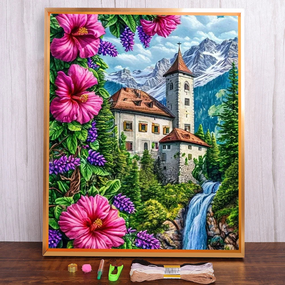 tableau broderie paysage chateau fleurs cascade montagnes aiguilles rubans coton moderne artistique multicolore