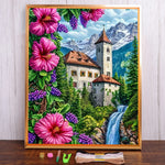tableau broderie paysage chateau fleurs cascade montagnes aiguilles rubans coton moderne artistique multicolore