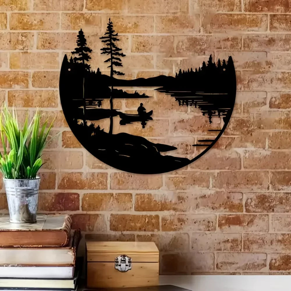 décoration murale moderne plaque noire paysage silhouettes rivière bateau personne minimalist artextérieur maison