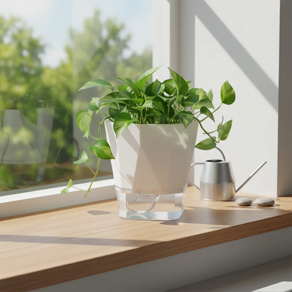 jardinière auto arrosante résine moderne pot fleur transparent racines croissance optimisée pothos plante verte