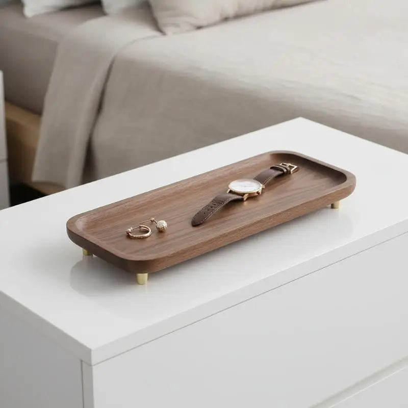 plateau bijoux marron doré bois brillant moderne minimaliste pieds métalliques dorés fixations incluses