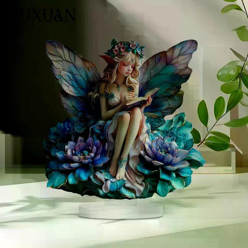 statue décorative fée papillon bleu blanc doré plumes vêtements brodés motifs floraux fantaisie base
