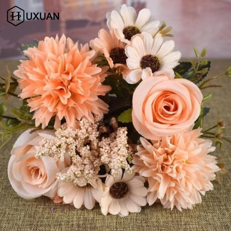 bouquet fleurs artificielles vintage intérieur décoration maison rouge blanc rose orange marron