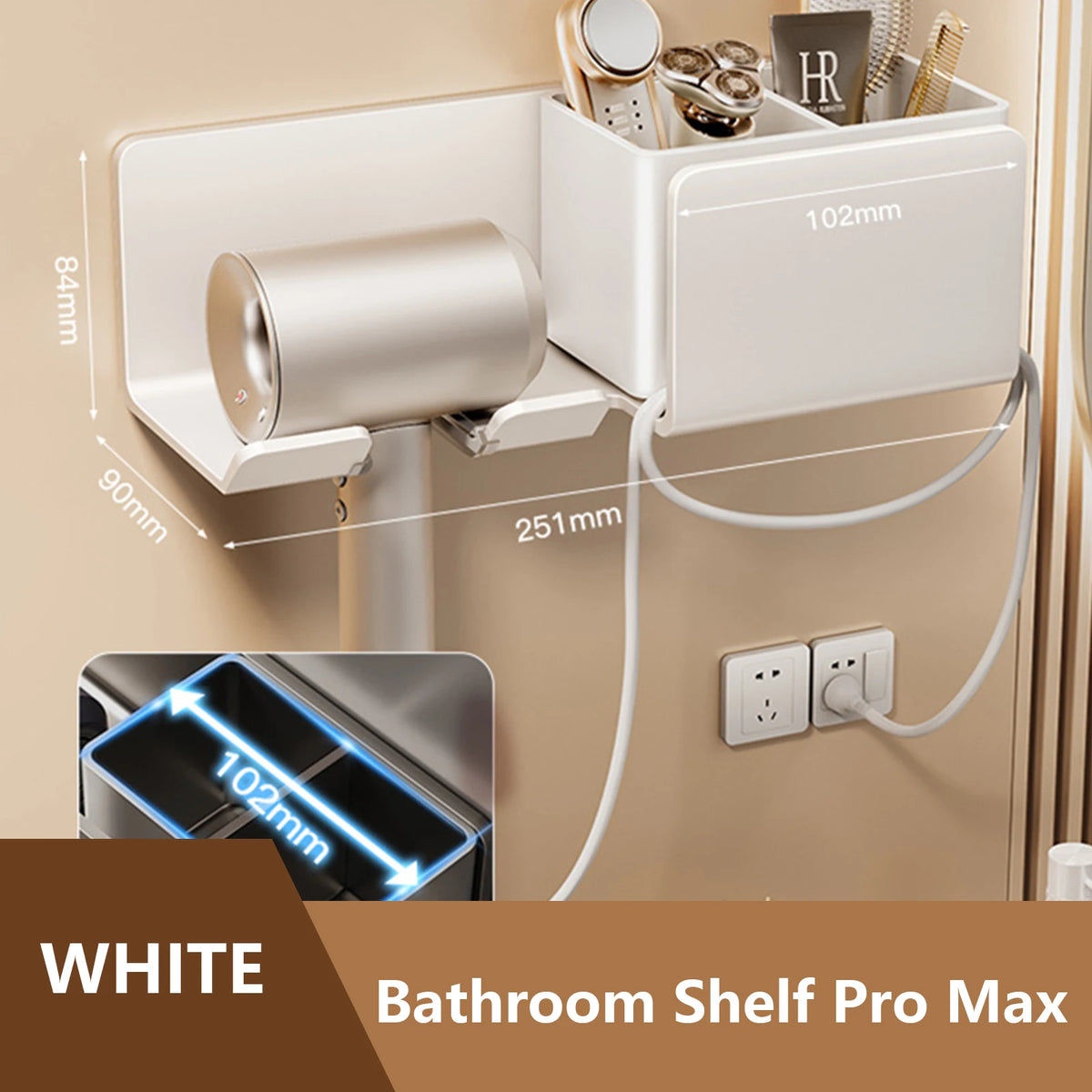 séchoir cheveux support mural blanc gris rose moderne adhésif câble prise électrique pinceaux brosse