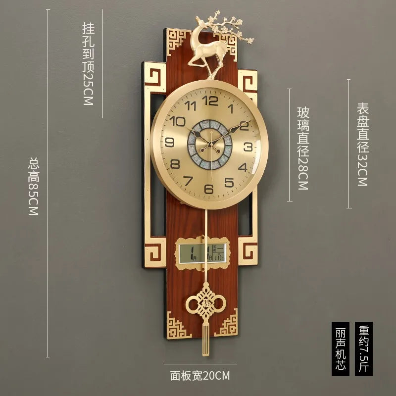 horloge murale or marron motif géométrique asiatique cadran analogique LED figurine cerf métal doré