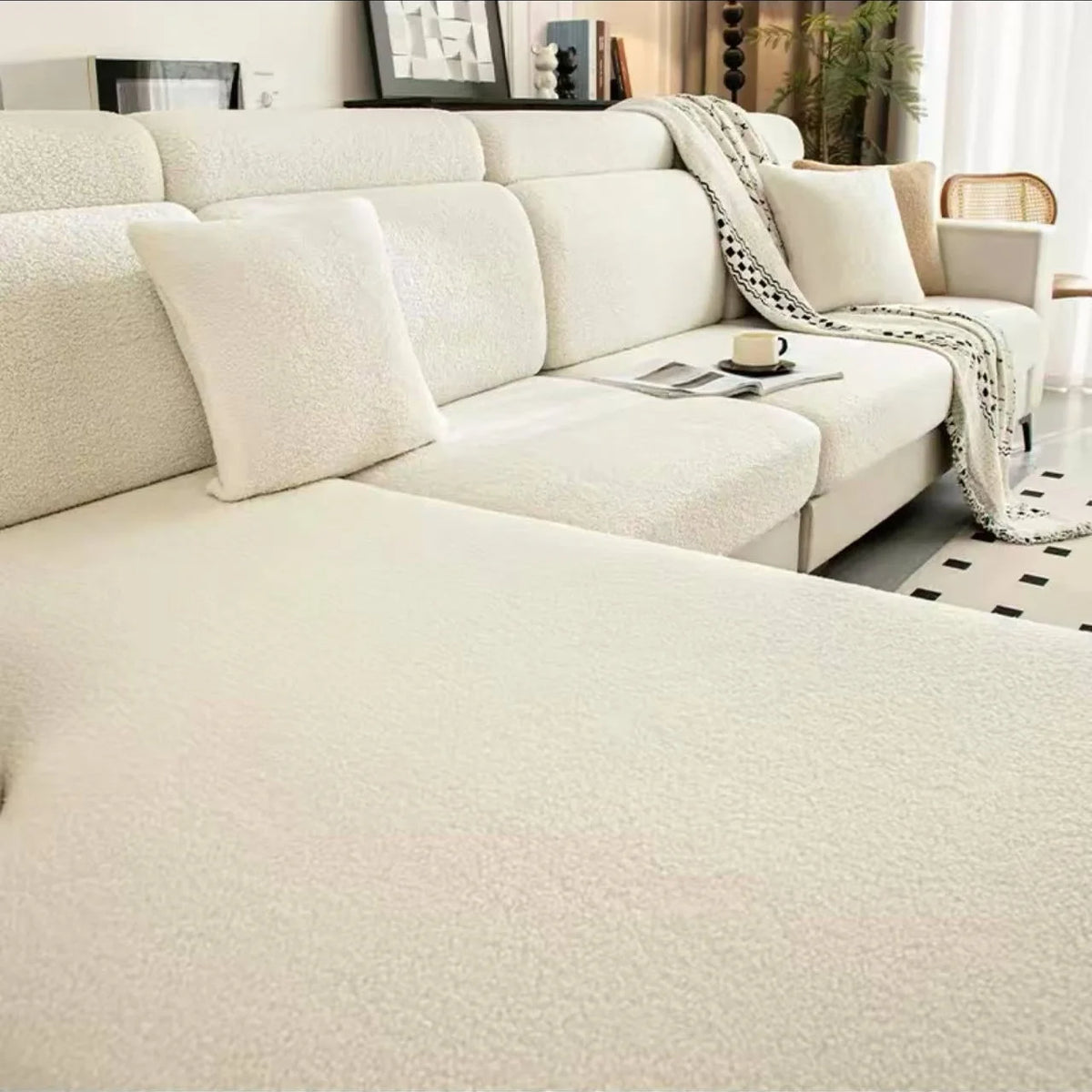housse canapé trois places peluche blanche extensible polaire douce moderne confortable protection salon intérieur