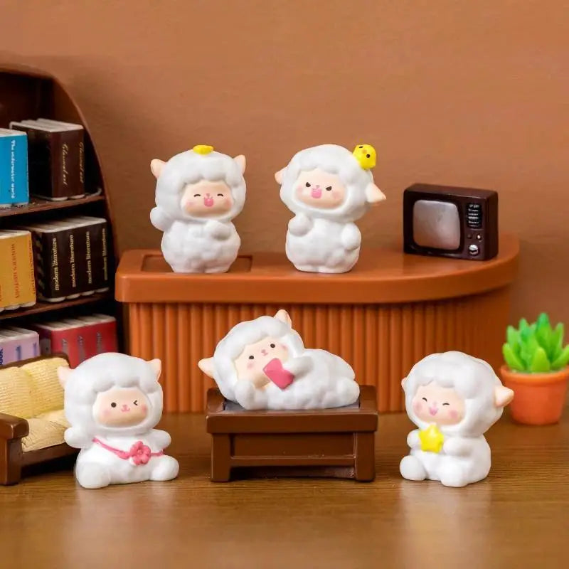 figurines mignonnes moutons résine couleurs variées visage souriant ruban cartoon