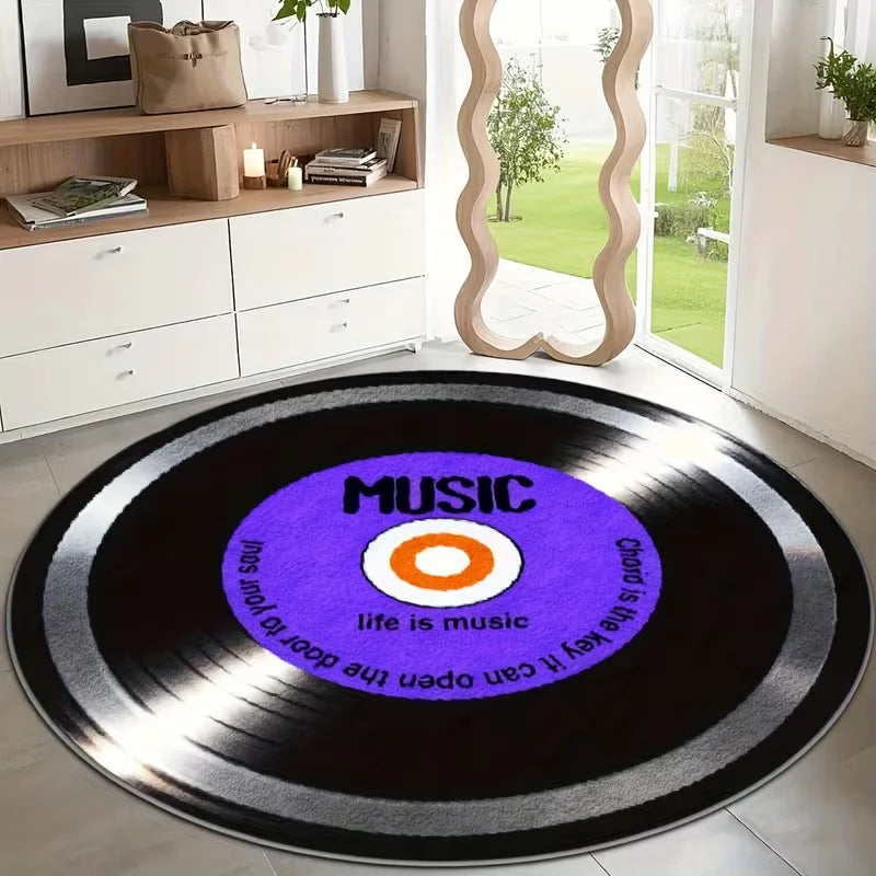 tapis rond moderne disque vinyle noir rouge bleu violet life is music chambre salon