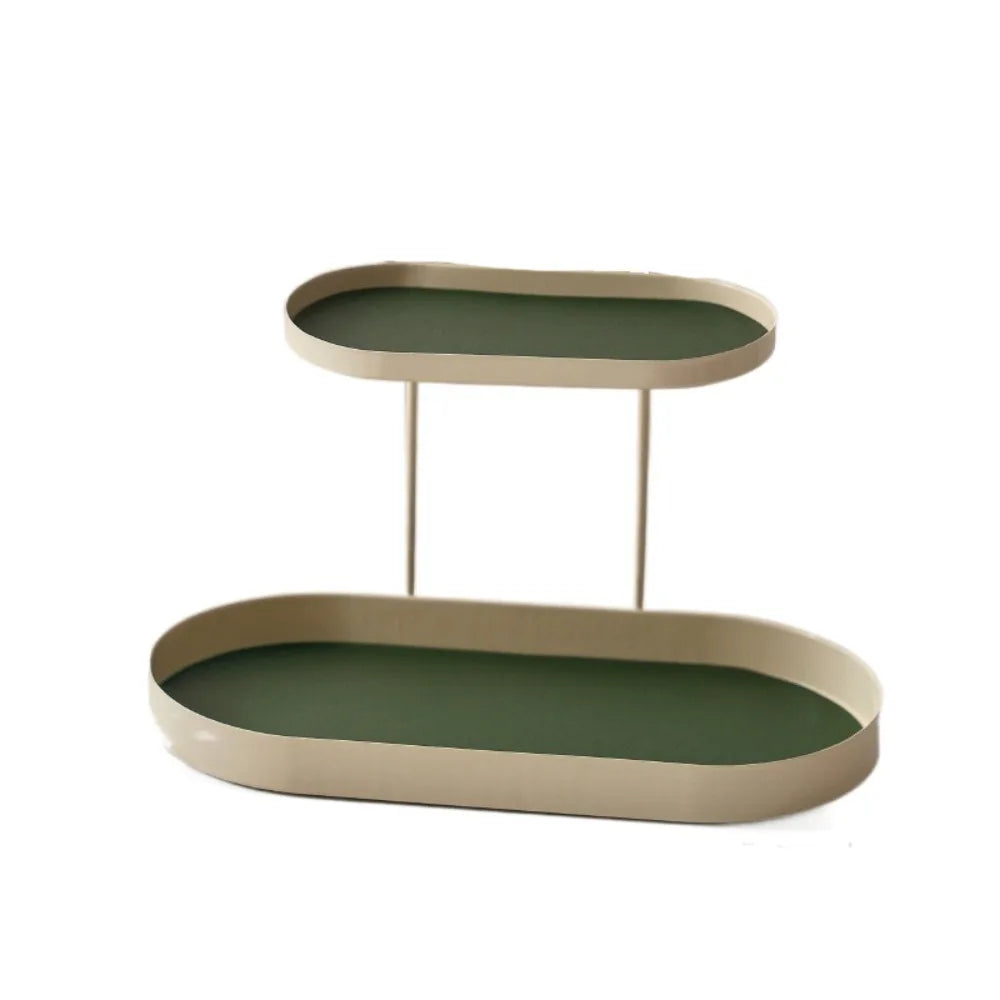 présentoir rangement cosmétique deux niveaux noir beige vert olive moderne minimaliste flacon parfum lotion