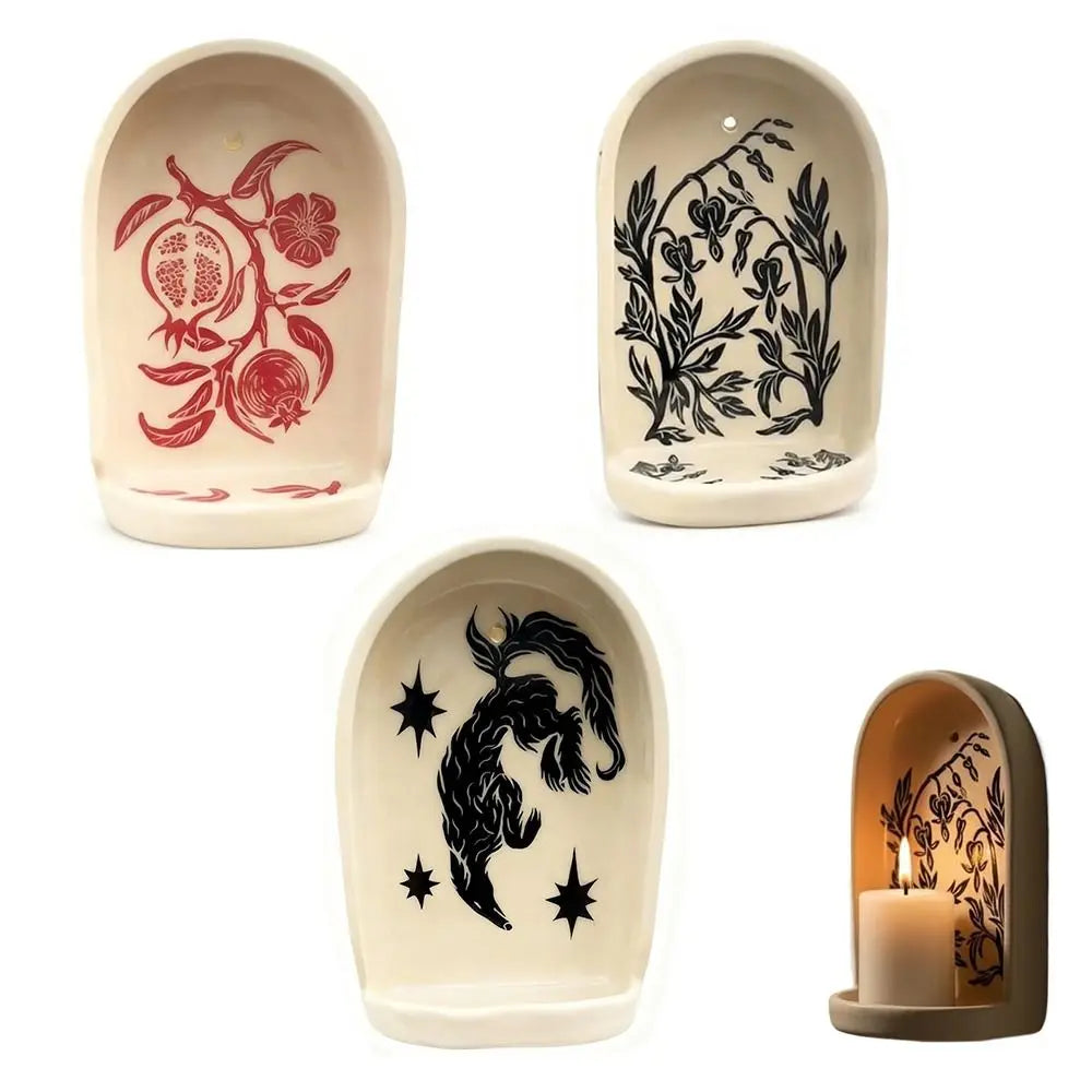 supports muraux arches décoration maison motifs végétaux bougeoirs couleurs beige rouge noir artisanal nature