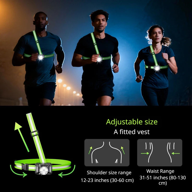 lampe torche frontale rechargeable vert fluo bandes réfléchissantes boucle ajustable modes lumière sportive moderne