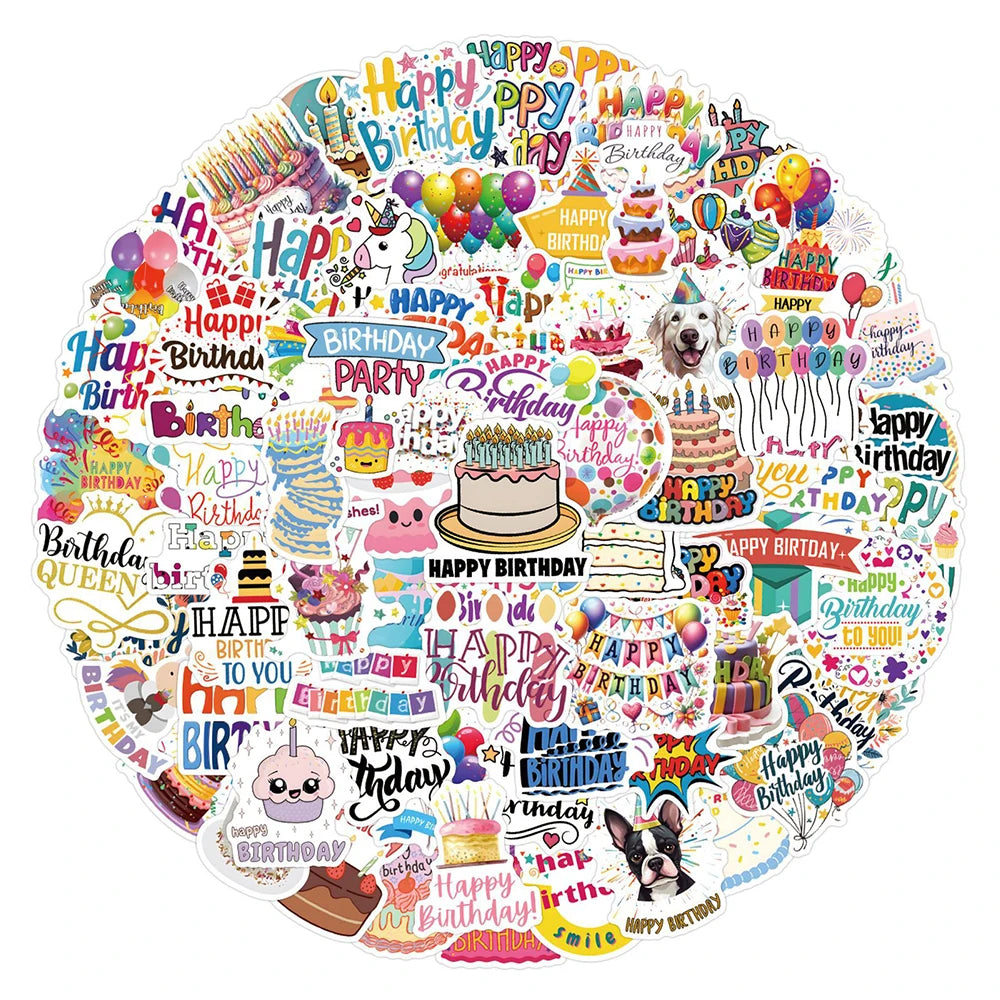 stickers happy birthday multicolores gâteaux ballons animaux étanches pvc festifs enfants décoration