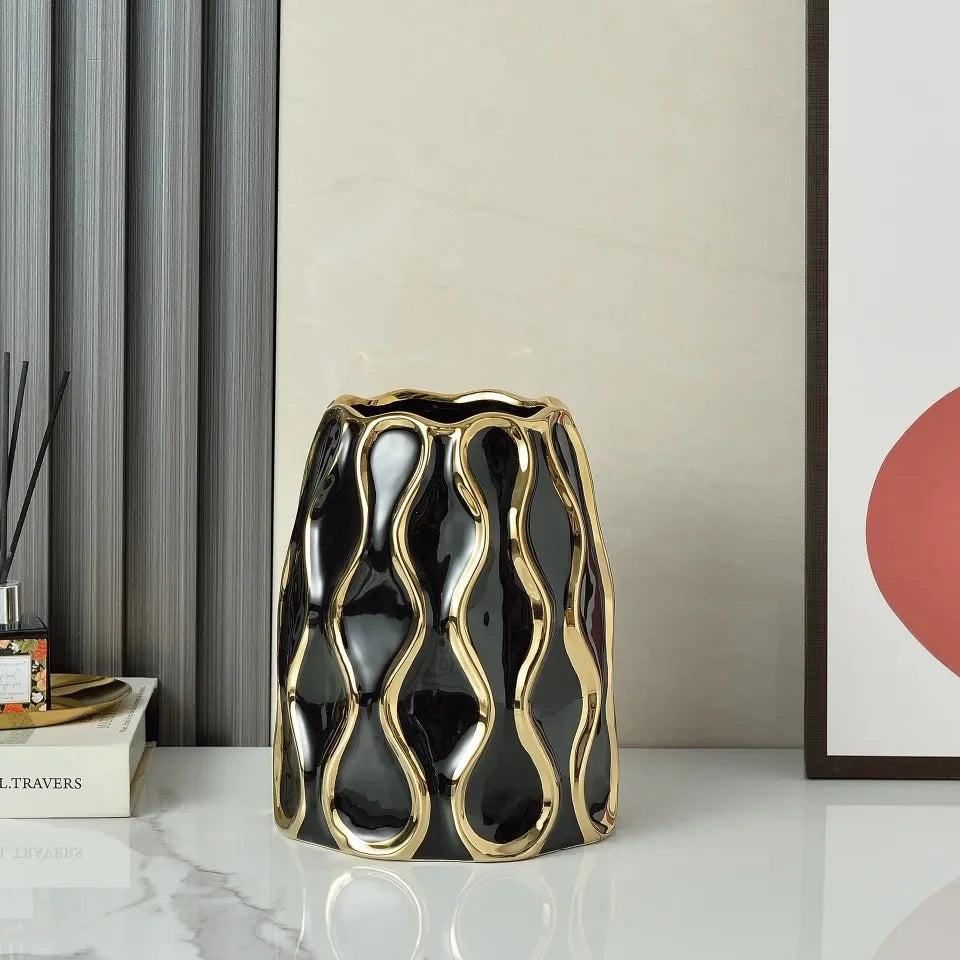 vase céramique moderne blanc or noir lignes dorées élégant décoration salon fleurs artificiellements