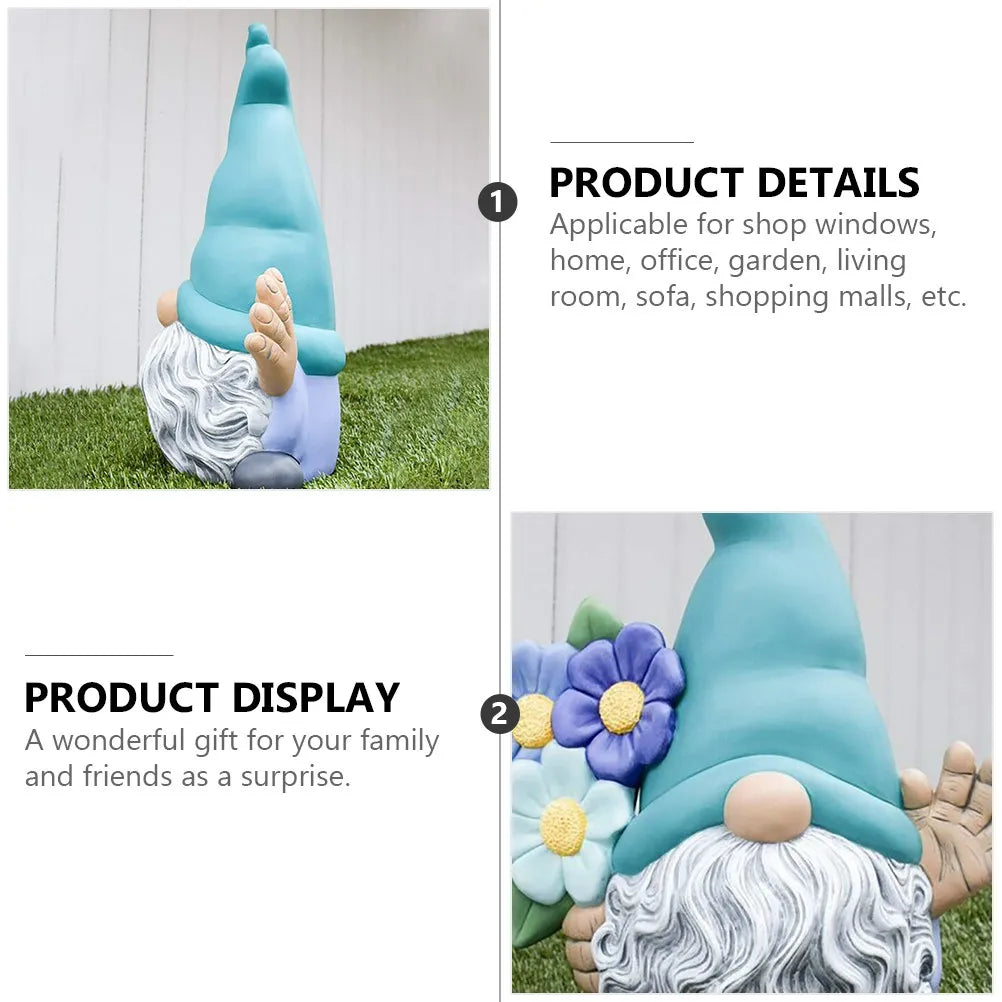 statue gnome bleu turquoise fantaisiste décoration jardin résine fleurs colorées