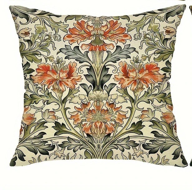 housses coussin vintage floral oiseaux tissu polyester beige vert orange jaune bleu décoratif