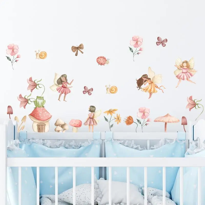 sticker mural decoratif feerie rose orange blanc illustration fleur papillon