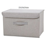 boîte rangement pliable tissu lin gris beige couvercle poignées vêtements