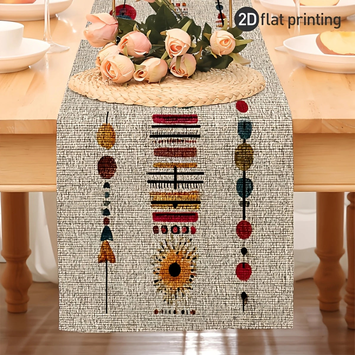 nappe rectangulaire géométrique ethnique bohème polyester beige marron rouge jaune bleu orange