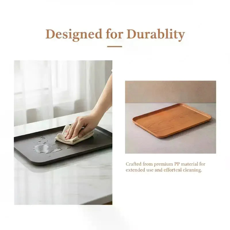 plateau service alimentaire plastique imitation bois moderne minimaliste marron clair foncé règle intégrée empilable