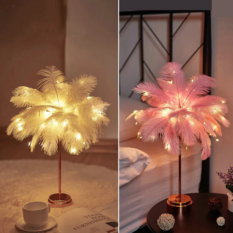 lampe arbre plumes guirlande led rose blanche dorée décoration bohème moderne chambre
