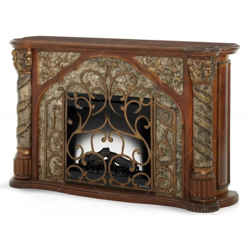 chaise électrique cheminée meuble classique décoration florale marbre bûches artificielles grille métal étagère