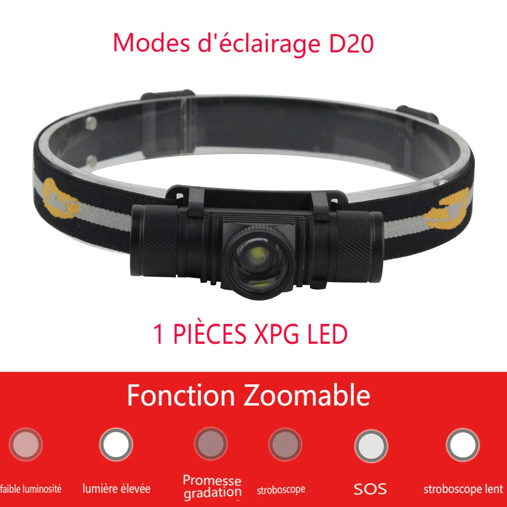 lampe frontale rechargeable camping chasse étanche 10w led noir jaune adjustable