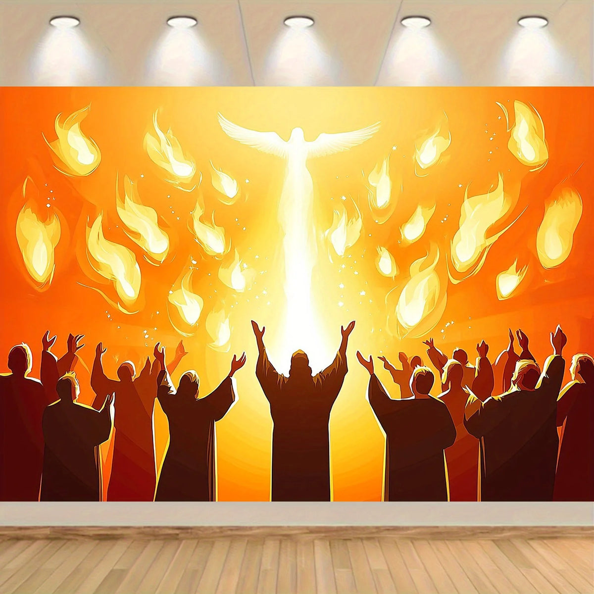 décoration murale toile art pentecost flame personnages silhouettes motifs feu orange jaune noir illustration