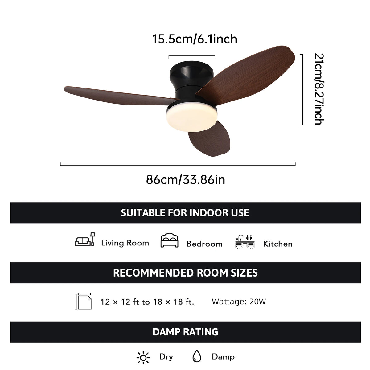 ventilateur led lumière télécommande noir blanc bois moderne traditionnel assemblage