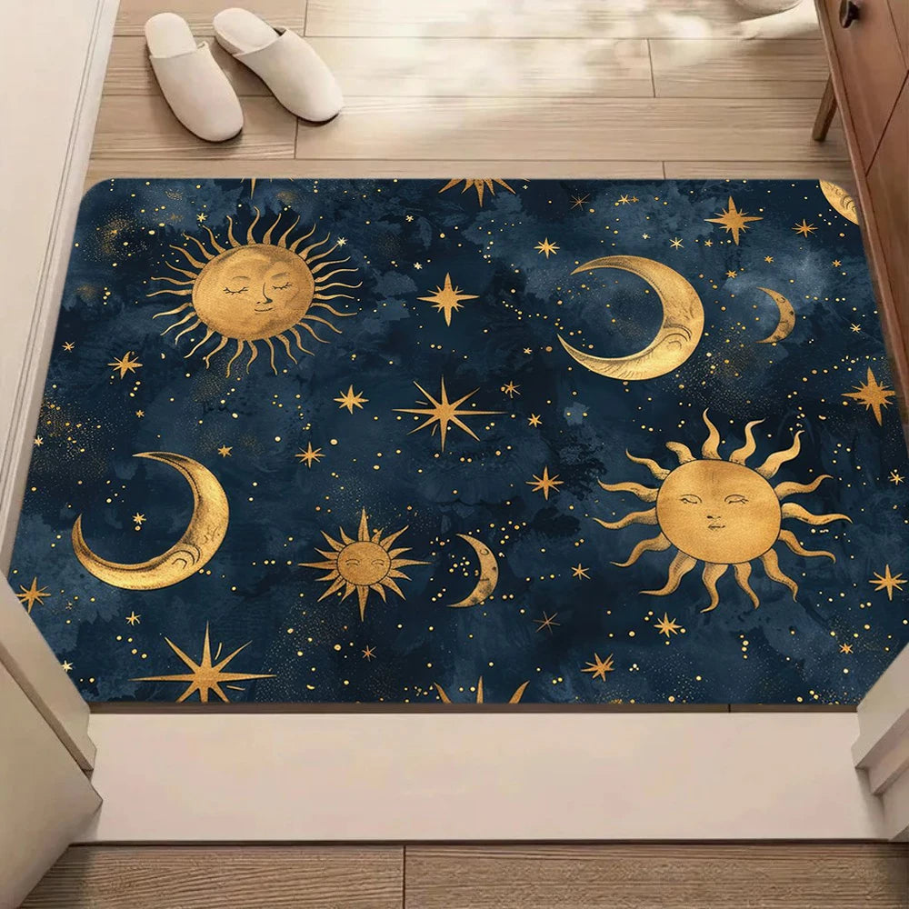 tapis sol bleu foncé doré étoiles lunes géométrique vintage 30x50cm 40x60cm 50x80cm