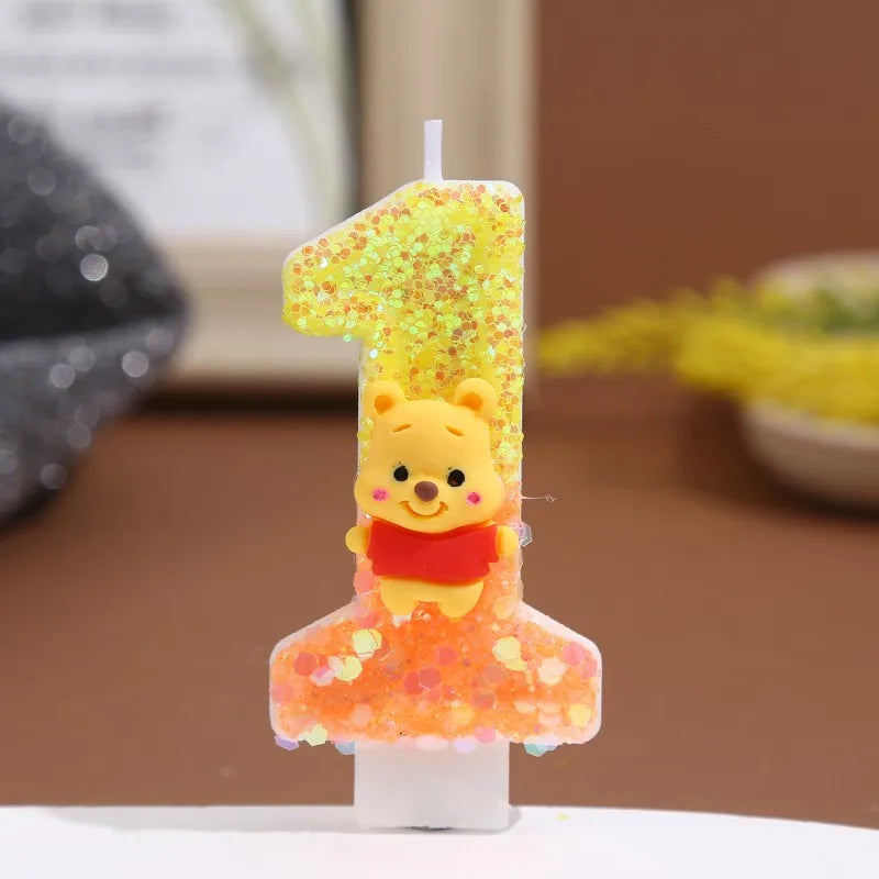 bougies anniversaire chiffre winnie ourson sequins dorés jaune orange blanc