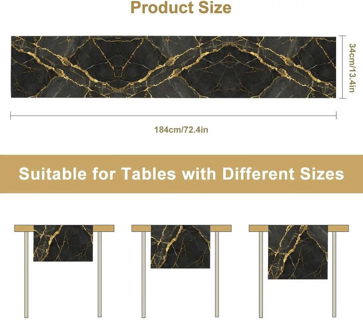 chimene table lin imitation marbre noir veines dorées moderne luxueux 184cm longueur 34cm largeur