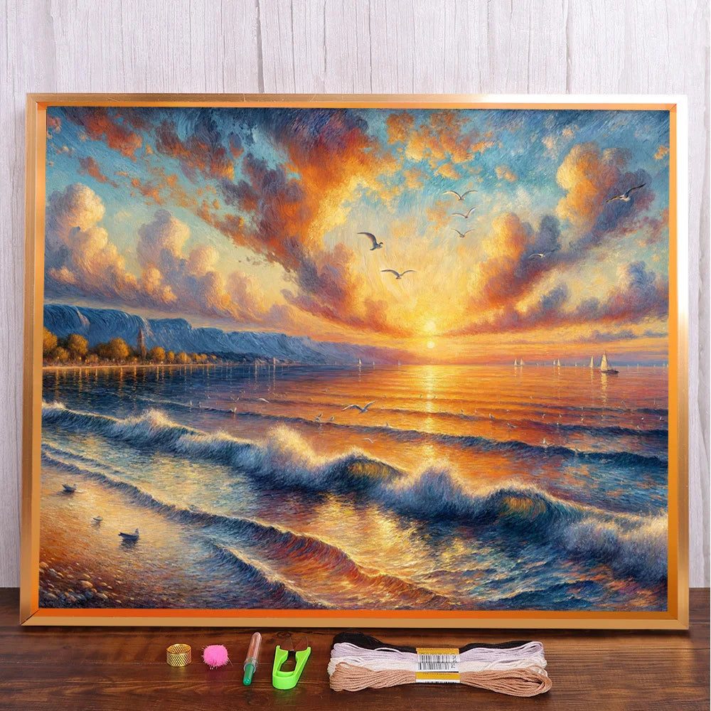 kit broderie point croix paysage mer couchersoleil nuages oiseaux vagues moderne coton