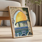 toile imprimée art islamique traditionnel motifs géométriques calligraphie arabe beige bleu doré vert decoration