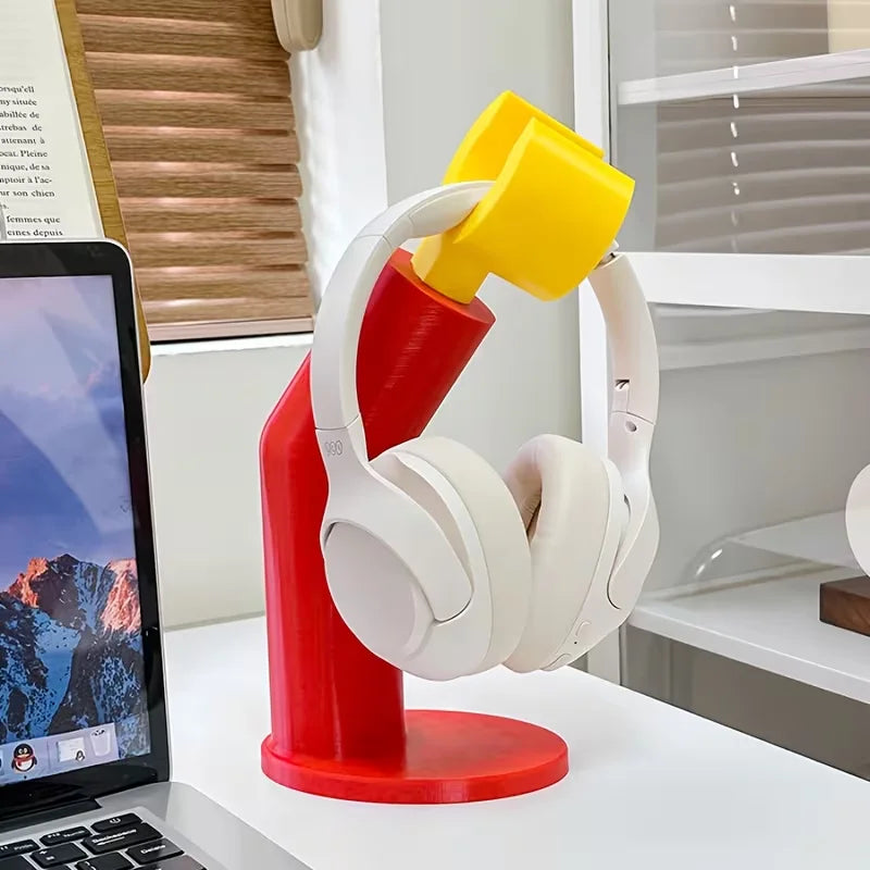 support casque audio porte livres moderne rouge jaune blanc minimaliste