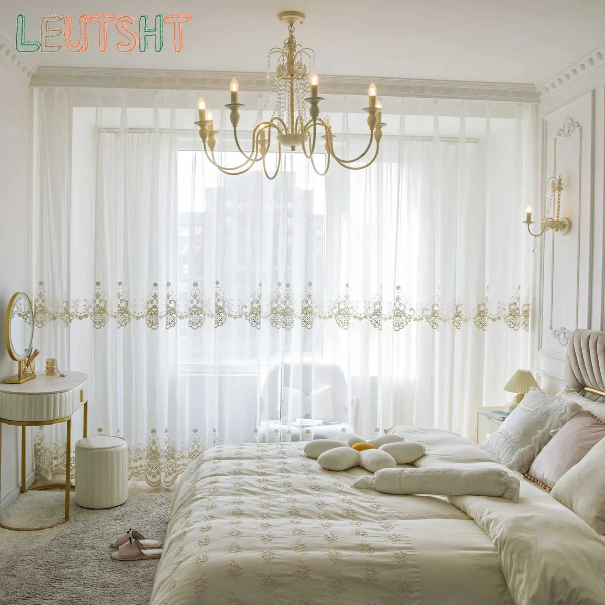 rideau blanc brodé transparent classique chambre salon polyester moderne