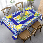 nappe rectangulaire imperméable motif floral géométrique moderne bleu blanc jaune citron réutilisable polyester table