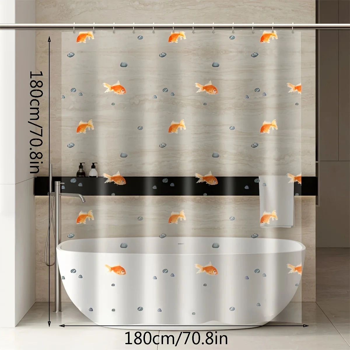 rideau douche transparent poissons dorés coquillages moderne bleu orange blanc gris 12 piques plastique