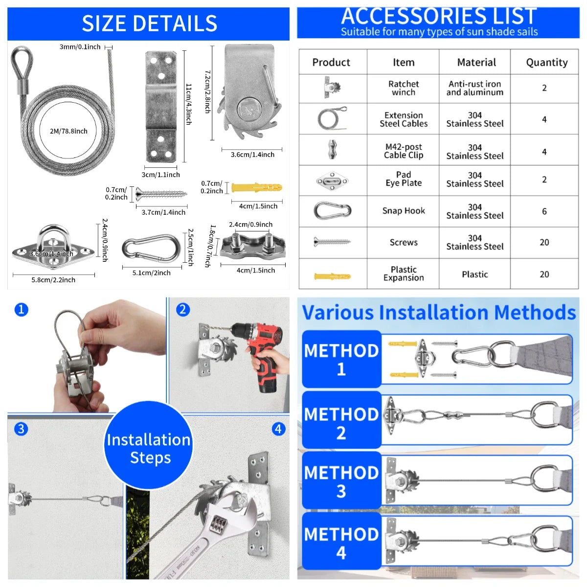 câbles métalliques kit tissu industrielle ratchet winch chevilles plots agrafes sangles tournevis eyelets turnbuckles