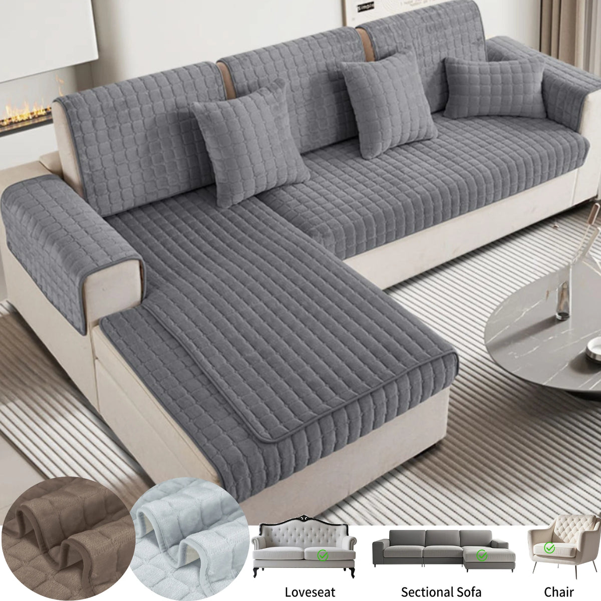 housse canapé gris matelassé velours peluche canapé angle fauteuil salon