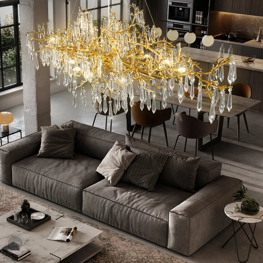 lampe suspendue or cristal moderne branches dorées pendeloques transparentes chambre salon