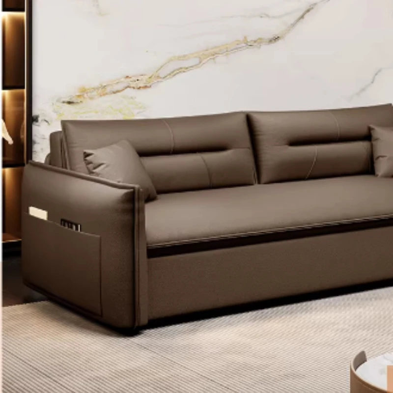 canapé lit moderne marron clair simili cuir scandinave confortable coussins salon maison
