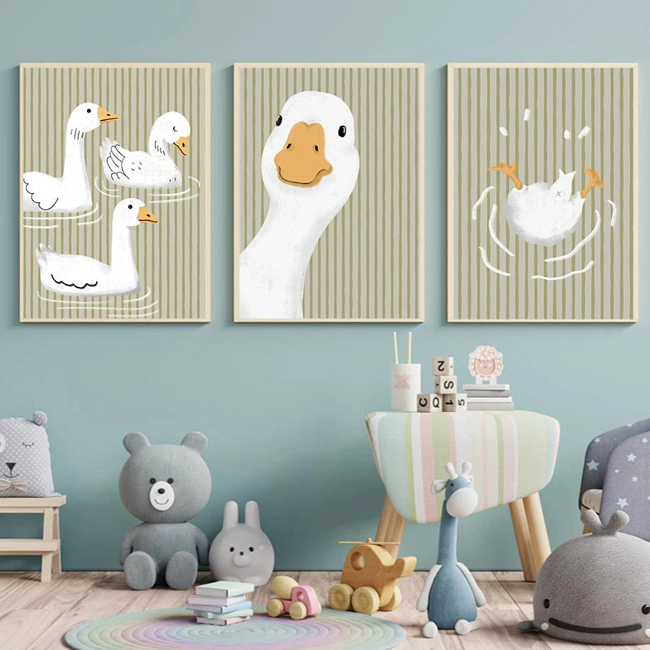 affiche canard cartoon blanc fond vert rayé décoration murale chambre enfant cadre bois doré