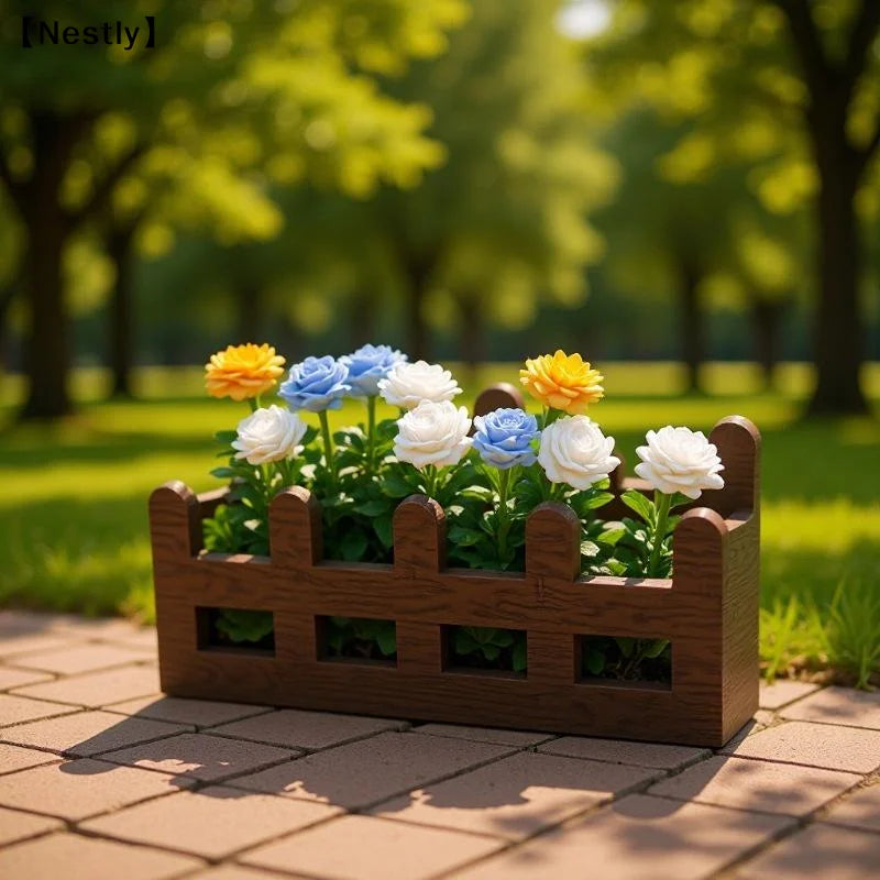 miniature clôture fleurs roses artificielles feuilles vertes décoration jardin blanc marron miniature