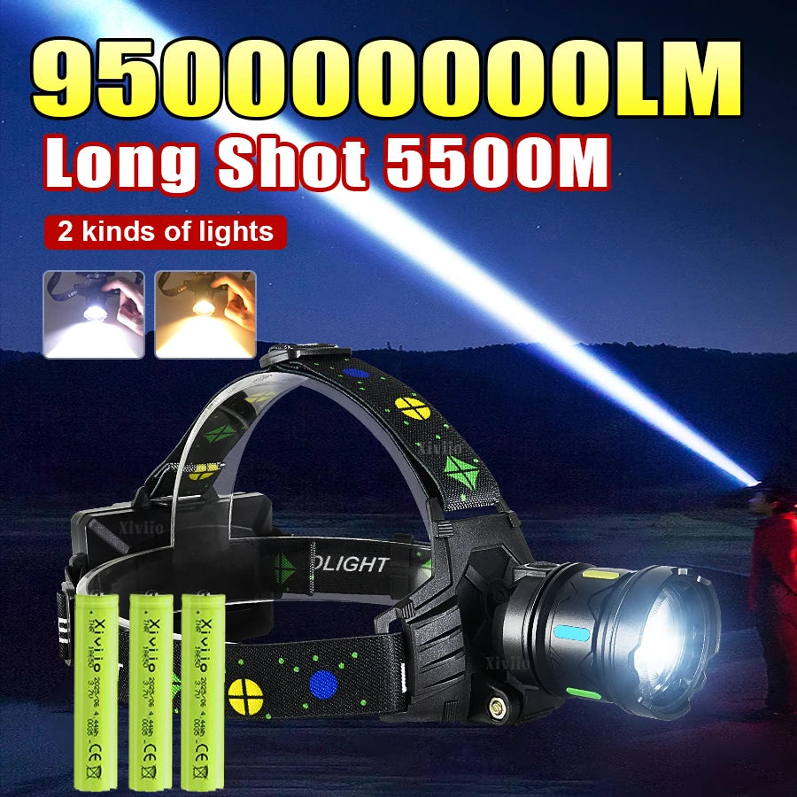 lampe frontale led rechargeable zoom ajustable 180 degres batteries vertes
