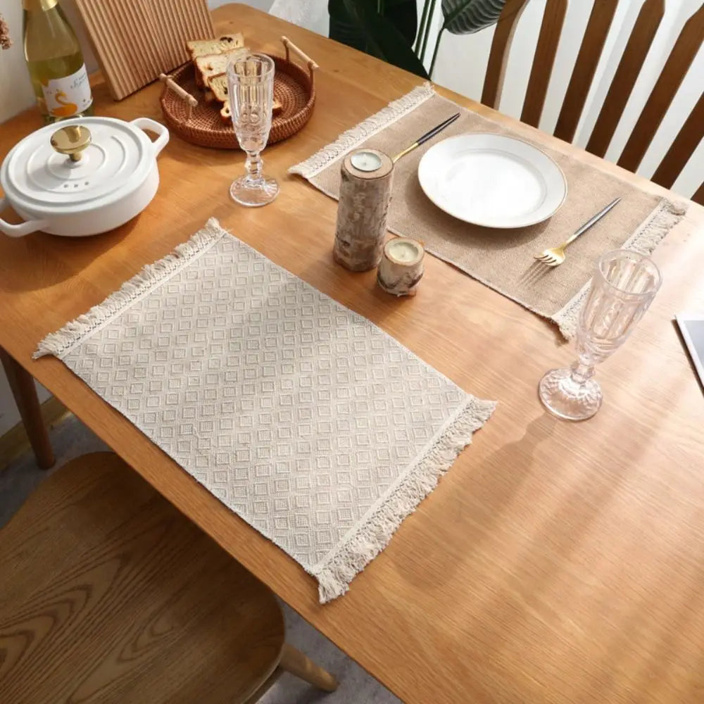 nappes lin beige motif losanges franges decoration table bohème rustique