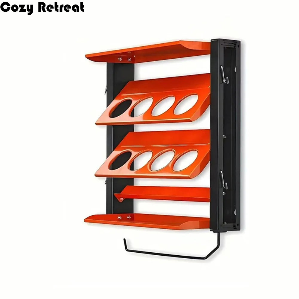 rangement mural industriel orange noir argenté sprays bouteilles outils utilitaires multifonctionnels fixations murales