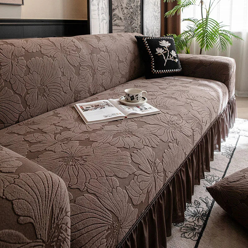 housse canapé velours jacquard fleurs imprimées extensible coussin salon classique vert