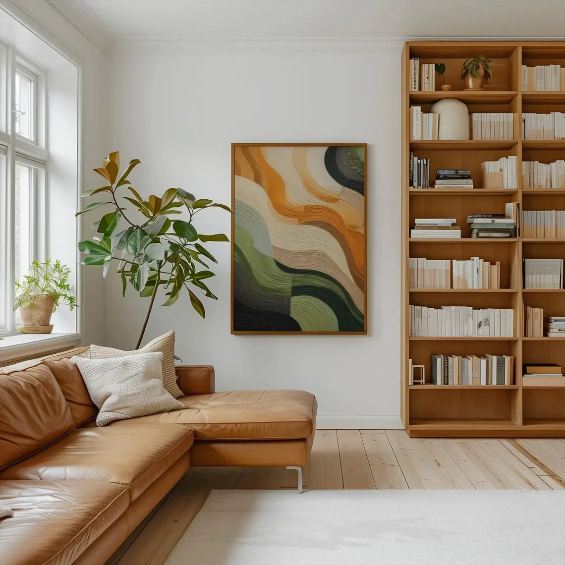 tableau abstrait ondulé orange vert beige noir moderne impression toile rectangle vertical chambre salon