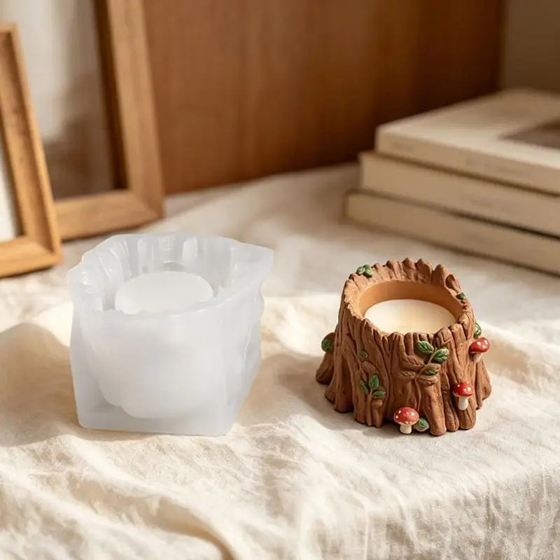 moule silicone bougie forme tronc arbre bougie marron feuilles verte écorce texture rustique nature