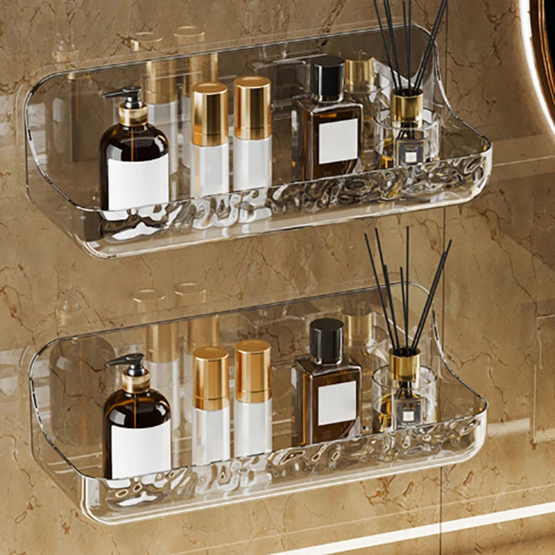 étagère murale transparente moderne imitation marbre bouteilles flacons diffuseur rangement salle bain